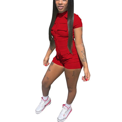 Red Jumpsuit for Woman Short Zipper V Turn Down Short Sleeve Overall Jumpsuit Shorts Casual Pockets Bodycon Rompers 2XL