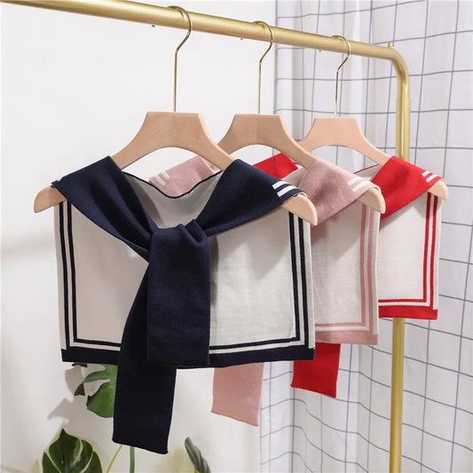 Korean College Navy Stripe Wool Knit Shoulder Cape Knotted Warm Overlapping Shawl Women Summer Neck Scarf T56