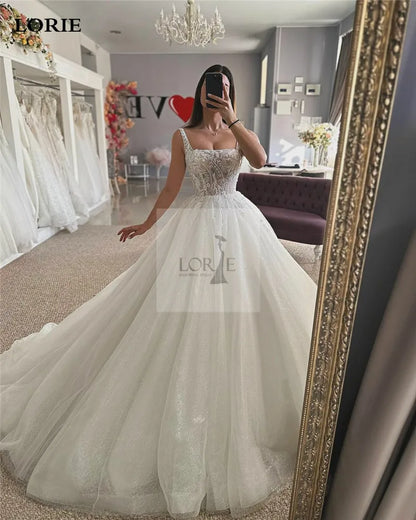 LORIE Luxury Lace Wedding Dresses A Line Square Neck Sleeveless Shiny Glitter Tulle Bride Dress Wedding Gowns Customize 2024