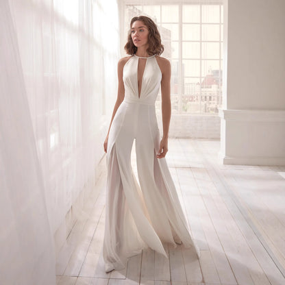 Sexy Deep V-neck Jumpsuits Women Sleeveless Halter Neck Backless Lace Hollow Out Wide Legs Slit Flared Jumpsuit Elegant Fashions