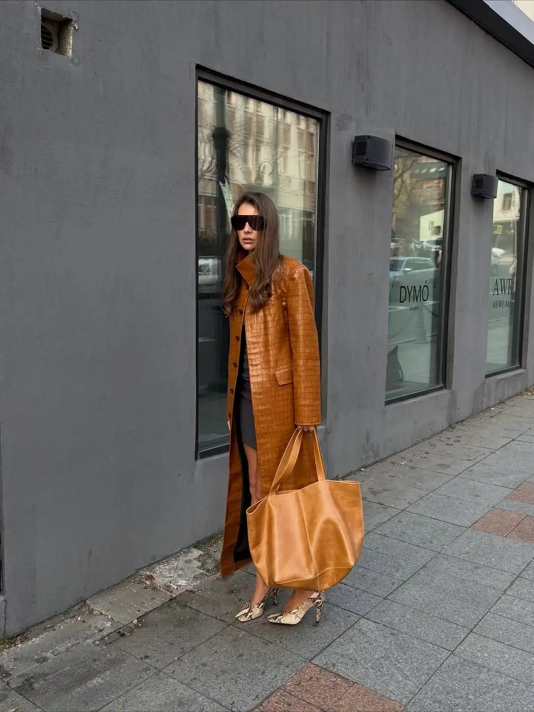 Women Brown Croc Embossed Faux Leather Maxi Trench Coat Lapel Single Breasted Straight Long Front Pockets Vintage Autumn Winter