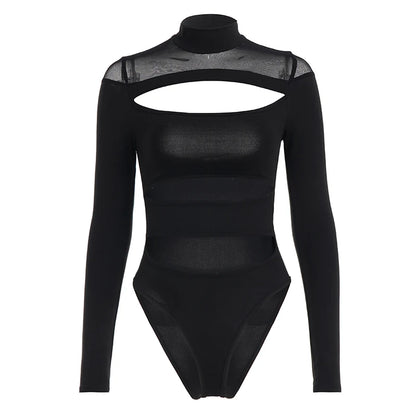 SUCHCUTE Sexy High-Neck Mesh Patchwork Jumpsuit Women Hollow One-piece Suit Streetwear Long Sleeve Bodysuits Skinny Rompers Y2k