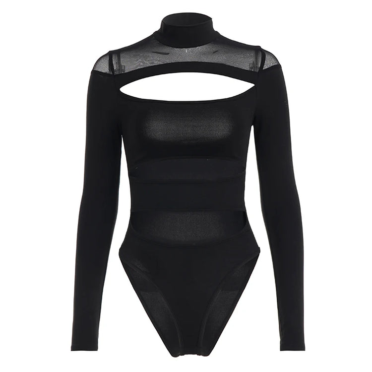 SUCHCUTE Sexy High-Neck Mesh Patchwork Jumpsuit Women Hollow One-piece Suit Streetwear Long Sleeve Bodysuits Skinny Rompers Y2k