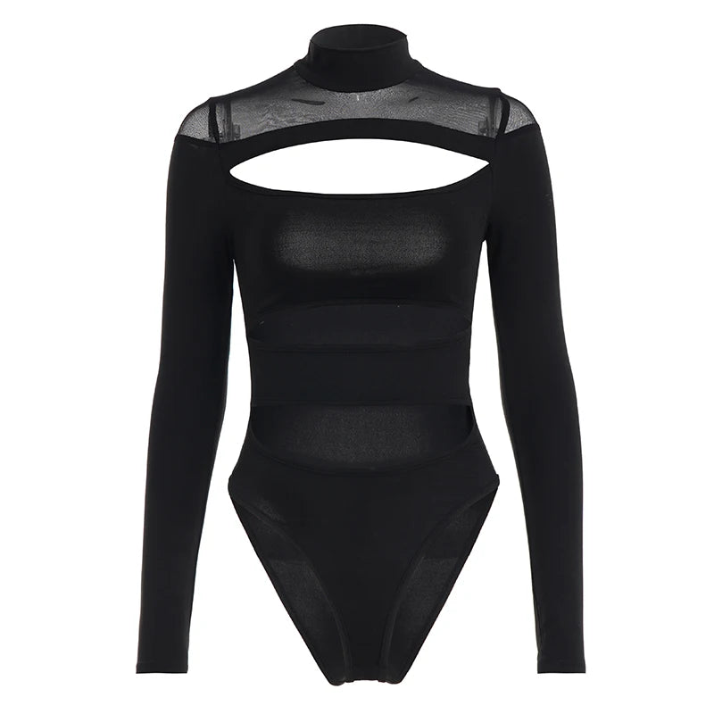 SUCHCUTE Sexy High-Neck Mesh Patchwork Jumpsuit Women Hollow One-piece Suit Streetwear Long Sleeve Bodysuits Skinny Rompers Y2k