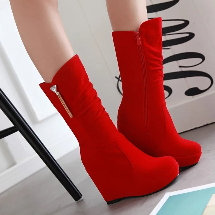 2026 Fashion Women Mid Calf Boots Round Toe Wedges 11cm Platform 3cm Decoration 42 43 Sexy Female Bota
