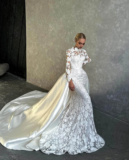 Modern Plus Size Arabic Mermaid Wedding Dresses High Neck Lace Flowers Bridal Dresses Sheer Long Sleeve Custom Made Gowns