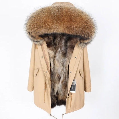 Maomaokong 2026 New Natural Fur Lining Real Fur Coat Winter Jacket Women Raccoon Fur Collar Warm Thick Parkas Female Clothing