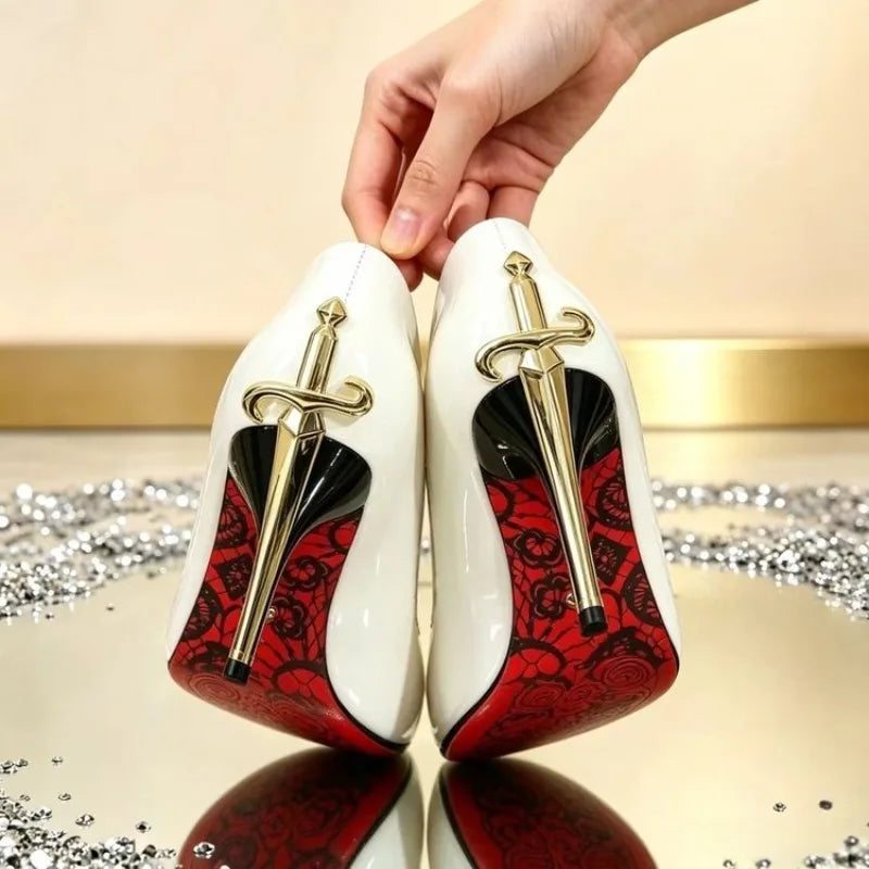 Women's Exquisite Metal Sword Pointed Toe High Heels Pumps Shallow Mouth Single Shoes Spring Sexy Stiletto Footwear