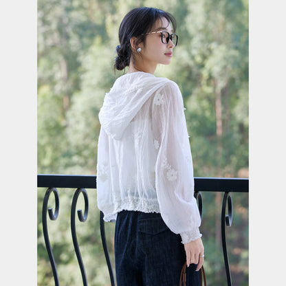 VIMLY Women's White Hooded Jacket 2026 Spring Autumn Smocked Cuff Embroidered Outerwear Casual Female Sheer Top Woman  A0796