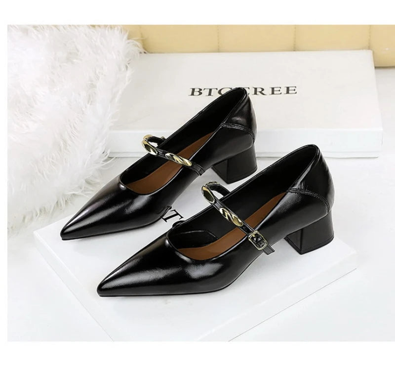Women Korean Vintage Soft Split Cow Leather Pointed Pumps Simple Single Metal Buckle Strap Mid Chunky Heel Comfort Office Daily