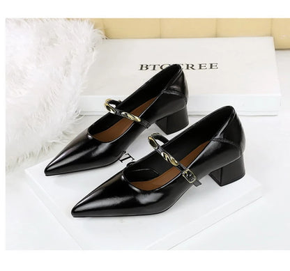 Women Korean Vintage Soft Split Cow Leather Pointed Pumps Simple Single Metal Buckle Strap Mid Chunky Heel Comfort Office Daily