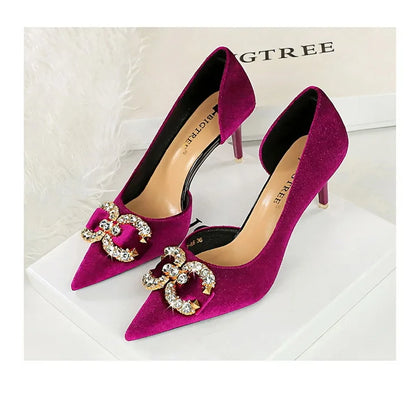 BIGTREE Party Pumps 7cm Thin High Heels Western Style Velvet Shallow Pointed Toe Side Hollow Crystal Pearl Bow Lady Shoes Pink