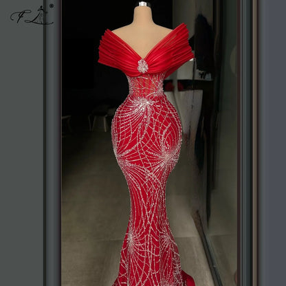 Red One-shoulder V-neck mermaid evening dress with sequins and rhinestones wedding party dress prom dress custom made