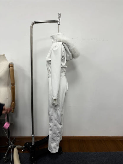 Women's Chic White Hooded Ski Jumpsuit with Waist Belt Warm Snowproof One-Piece Snow Wear Winter Sports Fashion Lady Snowsuit