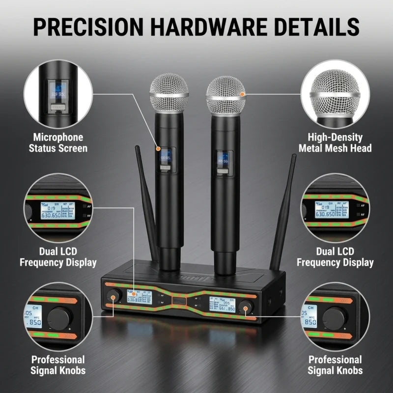 2-Channel Wireless Microphone System, UHF Fixed Dual-Frequency Wireless Kit with 2 Handheld Dynamic Transmitter Microphones and Receiver Base, Suitable for Singing, Weddings, DJs, Parties, Black