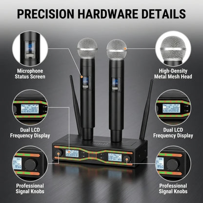 2-Channel Wireless Microphone System, UHF Fixed Dual-Frequency Wireless Kit with 2 Handheld Dynamic Transmitter Microphones and Receiver Base, Suitable for Singing, Weddings, DJs, Parties, Black