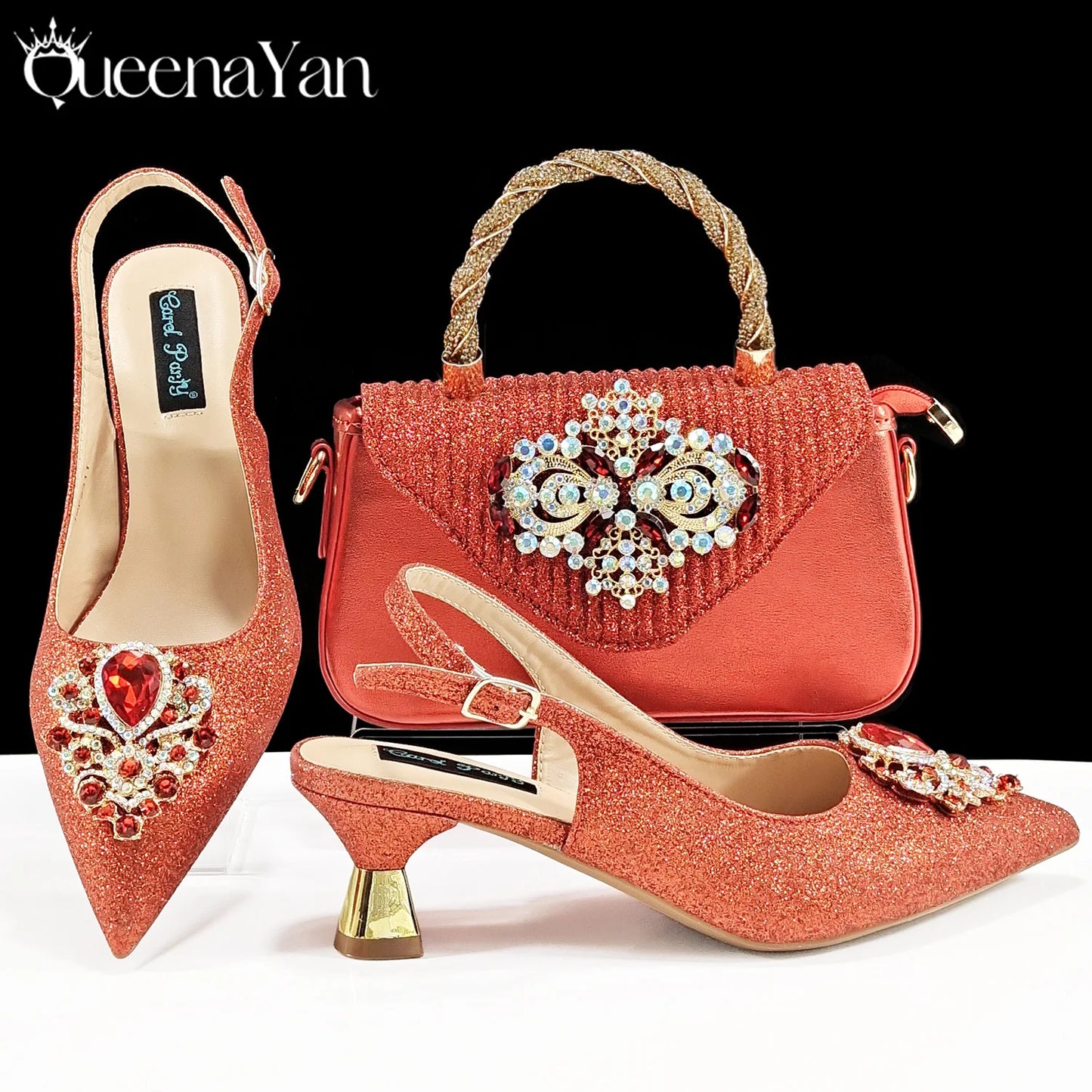 QSGFC Hot Selling INS Pointed-Toe Luxury Style Women High Heels Sandal With Bag Set Orange color Color For Wedding Party