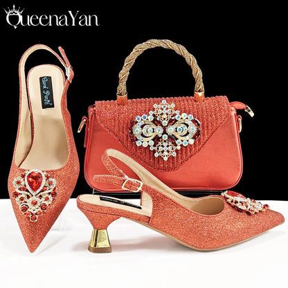 QSGFC Hot Selling INS Pointed-Toe Luxury Style Women High Heels Sandal With Bag Set Orange color Color For Wedding Party
