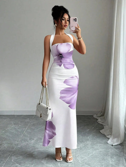 Women's 2026 New Popular Neck Halter Long Dress Hip-wrapped Printed Dress White Dress Birthday Dress for Women Summer Dress