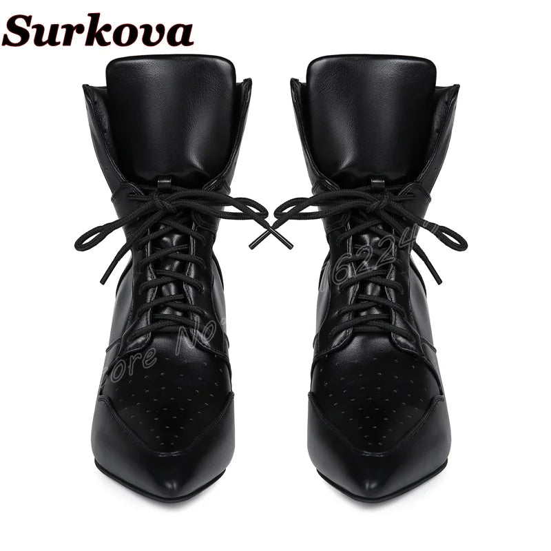 Women'S Black Stitching Lace-Up Short Boots Pointed Toe Stiletto Breathable Sports Boots   Casual All-Match Party Bare Boots 47
