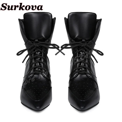 Women'S Black Stitching Lace-Up Short Boots Pointed Toe Stiletto Breathable Sports Boots   Casual All-Match Party Bare Boots 47
