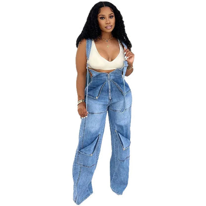 Jumpsuit Women Suspenders Overalls Zipper Denim One Piece Mom Jeans Wide Leg Long Pants High Waist Rompers Y2k Streetwear Summer