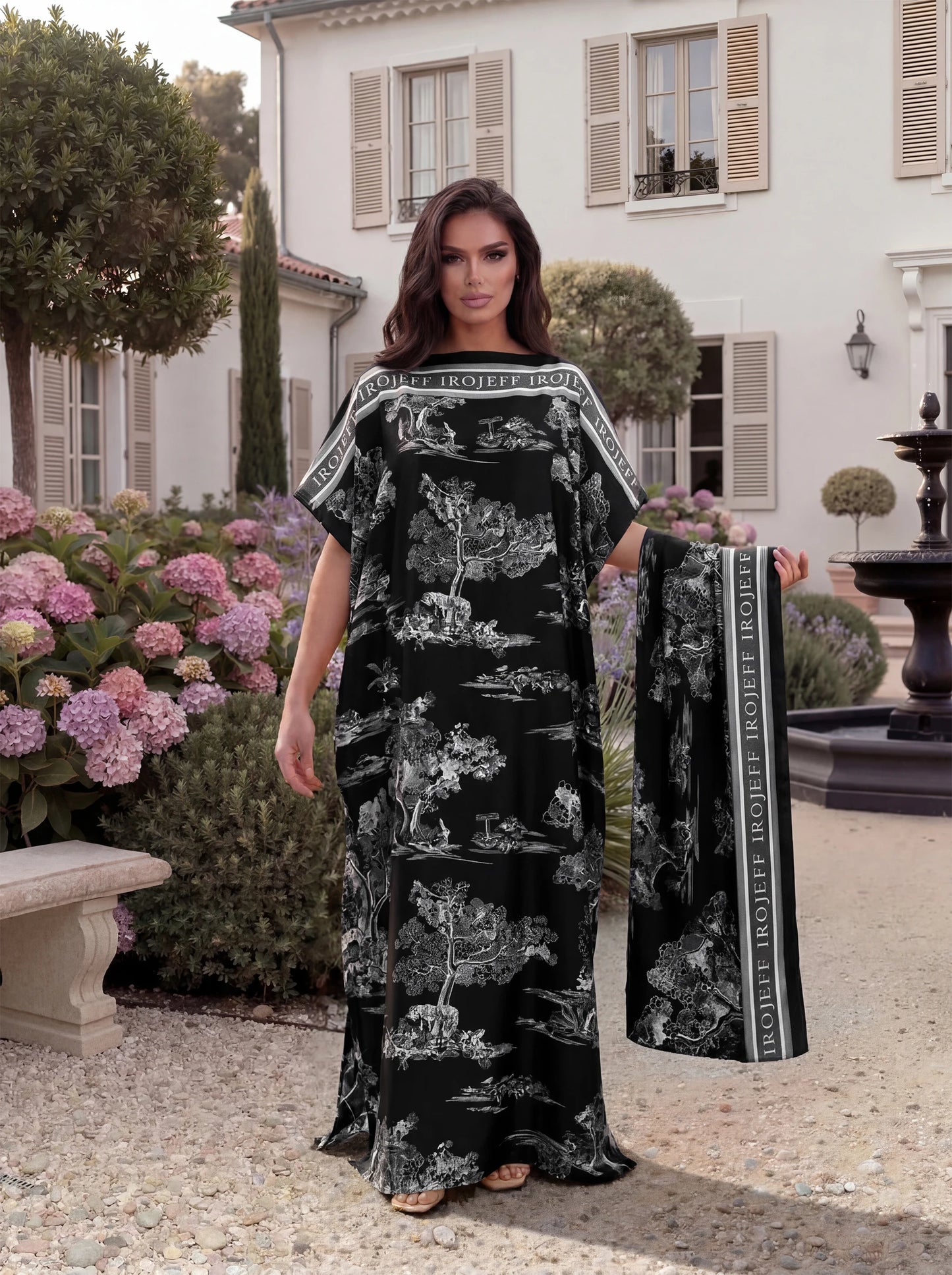 Vintage Landscape Print Satin Abaya Scarf Set, Loose Batwing Maxi Kaftan Modest Dress for Muslim Women Summer Daily Holiday Wear