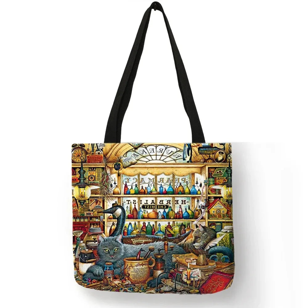 Oil Painting Cat Print Womens Designer Tote Bags Linen Reusable Shopping Bag For Groceries Shoulder Bags for Lady