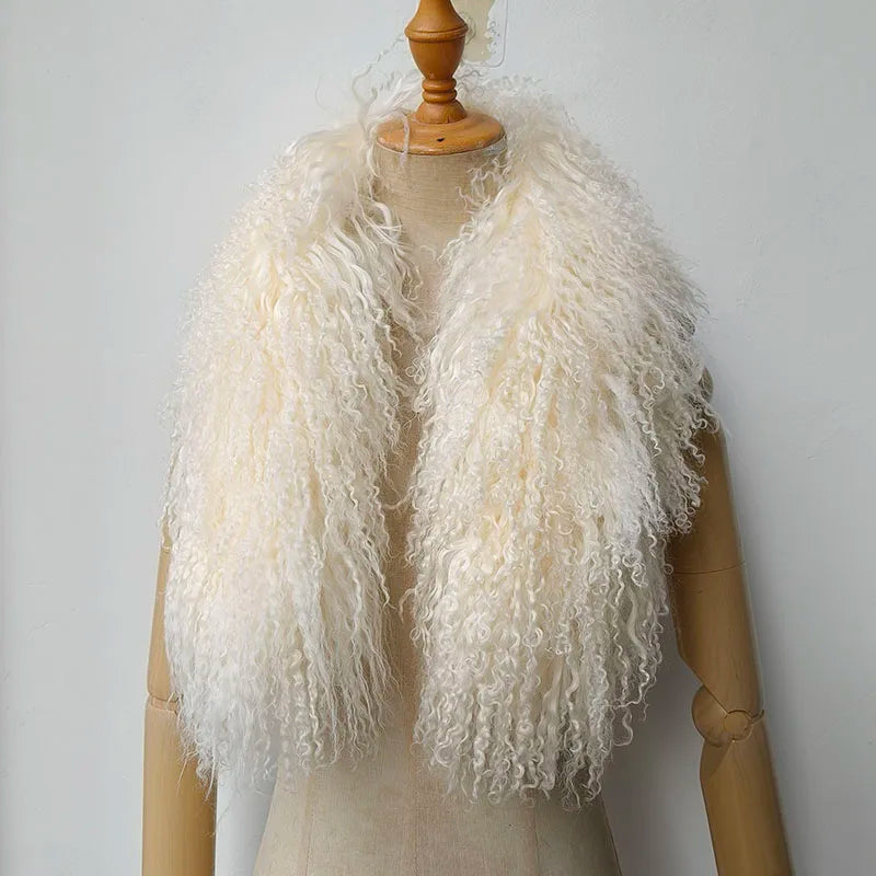 Women Winter Mongolia lamb Fur Scarf Short Luxury Ladies Warm Genuine Tibet Fur Scarves Female Middle Length Real Fur Collar
