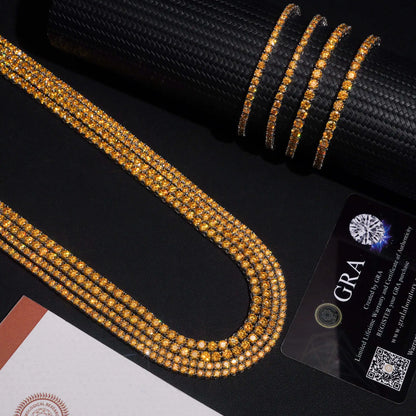 Hiphop 3-4mm Golden Yellow Moissanite Tennis Chain Bracelet Necklace S925 Silver Blue Moissanite Tennis Mecklace