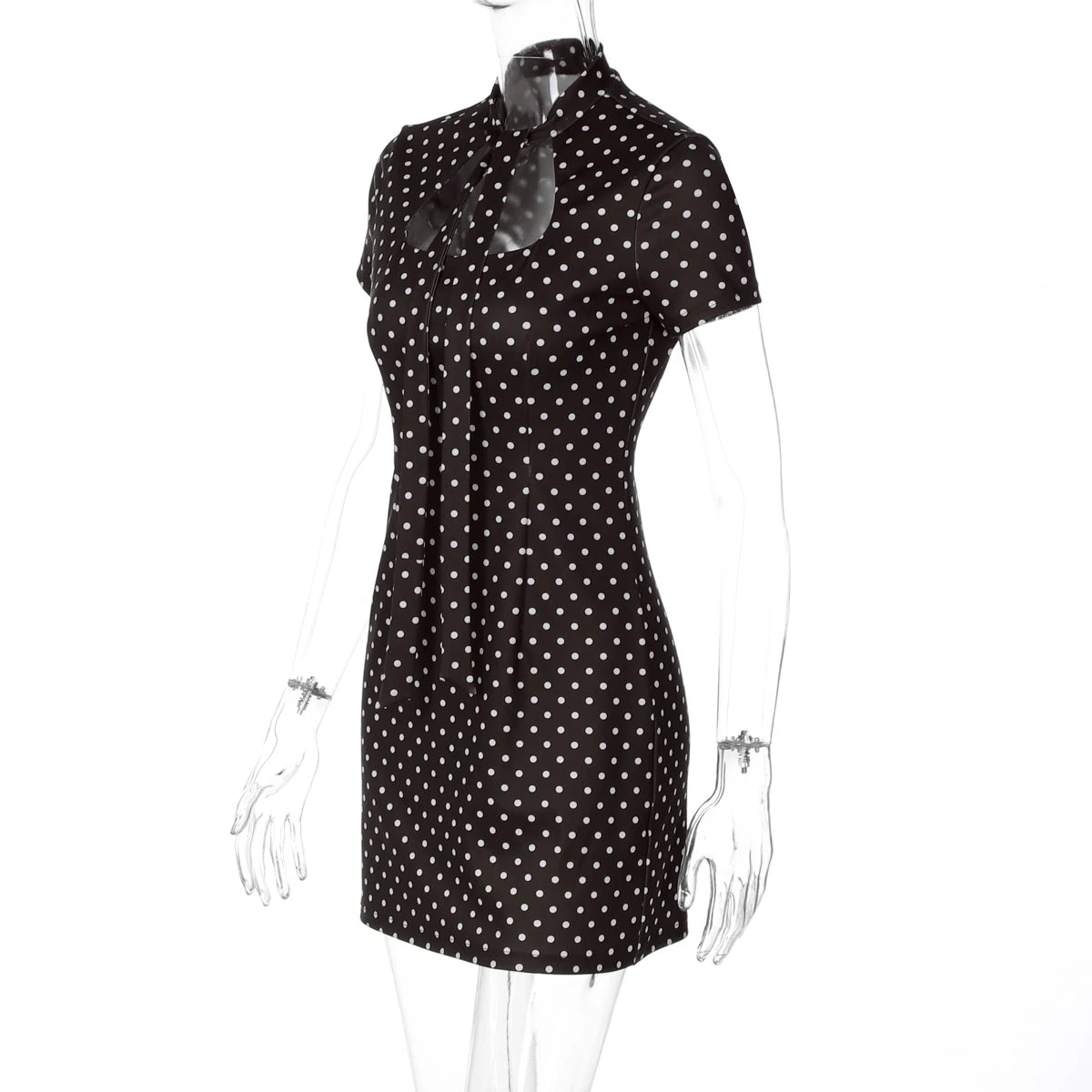 Dulzura Turtleneck Short Sleeve Lace Up Hollow Out Polka Dot Mini Dress Women'S Fashion Sexy Elegant Dress Party Vacation Outfit