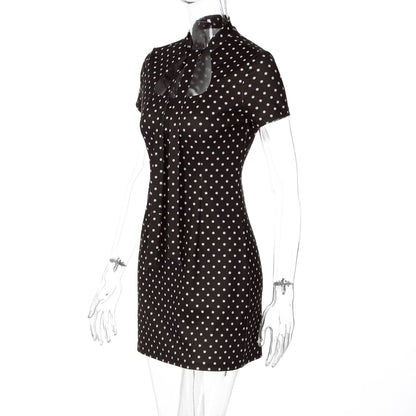 Dulzura Turtleneck Short Sleeve Lace Up Hollow Out Polka Dot Mini Dress Women'S Fashion Sexy Elegant Dress Party Vacation Outfit