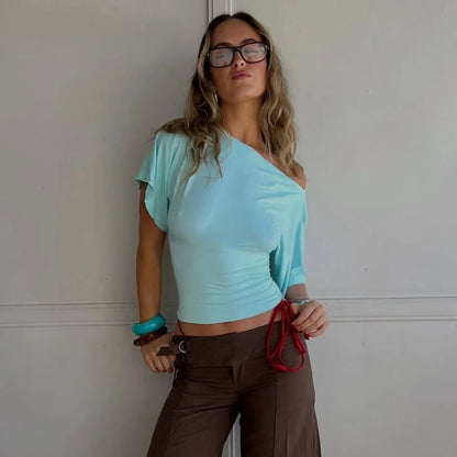 Solid One Shoulder T-shirt Women Tops 2026 Summer Short Sleeve Crop Top Off Shoulder T Shirts Party Basic Casual Y2k Tops Tees