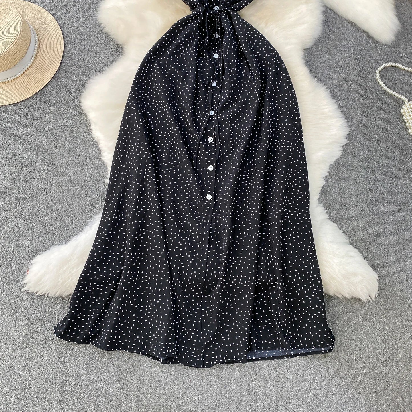 Summer Women Polka Dot Long Dress Vintage V-Neck Flying Sleeve High Waist Single Breasted A-Line Casual Vestidos Female Robe New