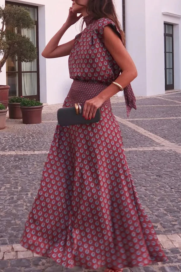 Vintage Printed Slim Office Commuting Suit Casual Loose Top+High Waisted Skirt 2pc Set Elegant Semi High Neck Sleeveless Outfit
