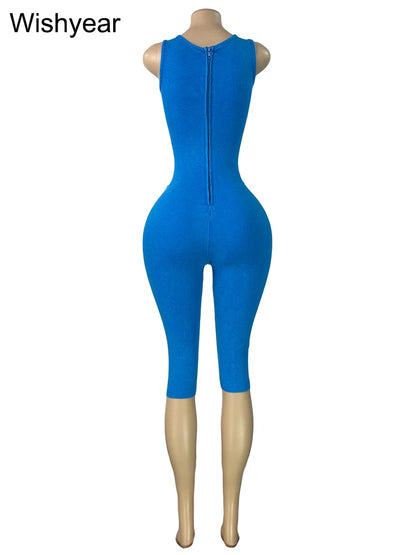Women Ribbed Sleeveless Cutout One Pieces Jumpsuit Crisscross Hollow High Waist Capri Skinny Pant Rompers Summer Nightclub Party