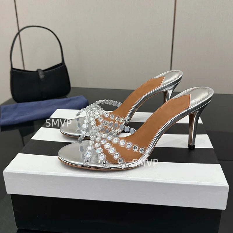 Summer 2026 Women's Pink Crystal High Heels Diamond-Encrusted Slim Heel Sandals for Outdoor Weddings Parties Fashionable Ladies'