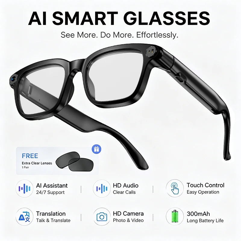 2026 New Smart Glasses 800W HD Camera Video Record AI Assistant Touch Control Translation HD Audio 300mAh Battery Smart Glasses