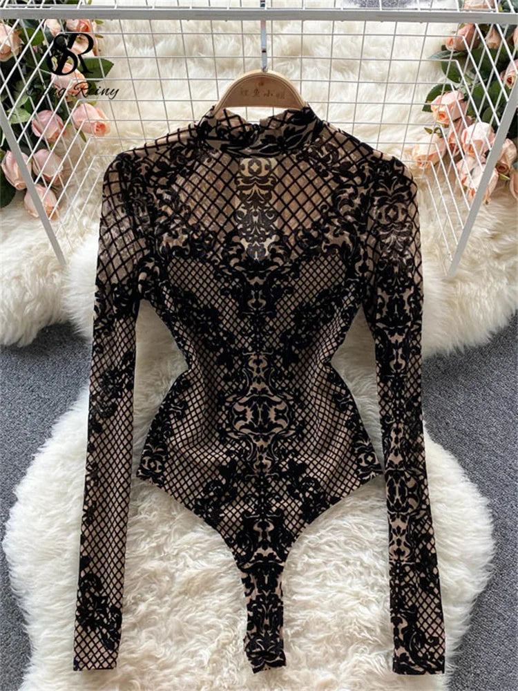 SINGREINY Fashion Women Velvet Slim Playsuits Long Sleeves Vintage Bodycon Rompers Streetwear Y2K Ins Chic Mesh Sexy Bodysuits