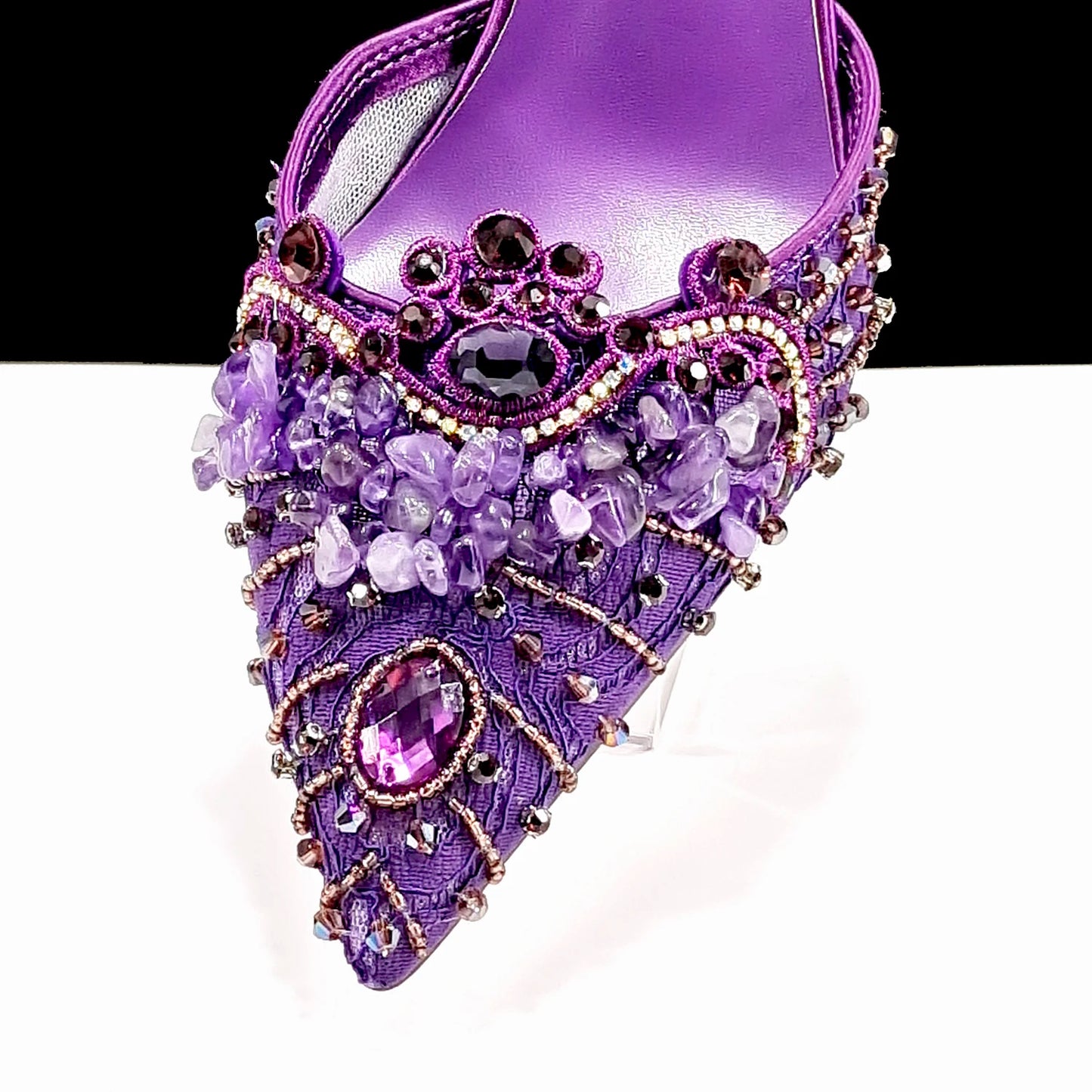 Queena Yan New Arrival Purple Color Rhinestone Decoration Design Party Wedding Lady Pointed Toe High Heels and Bag Set