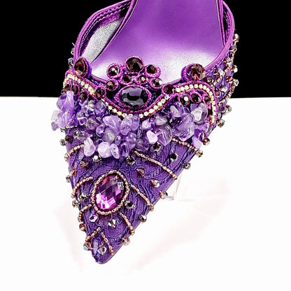 Queena Yan New Arrival Purple Color Rhinestone Decoration Design Party Wedding Lady Pointed Toe High Heels and Bag Set