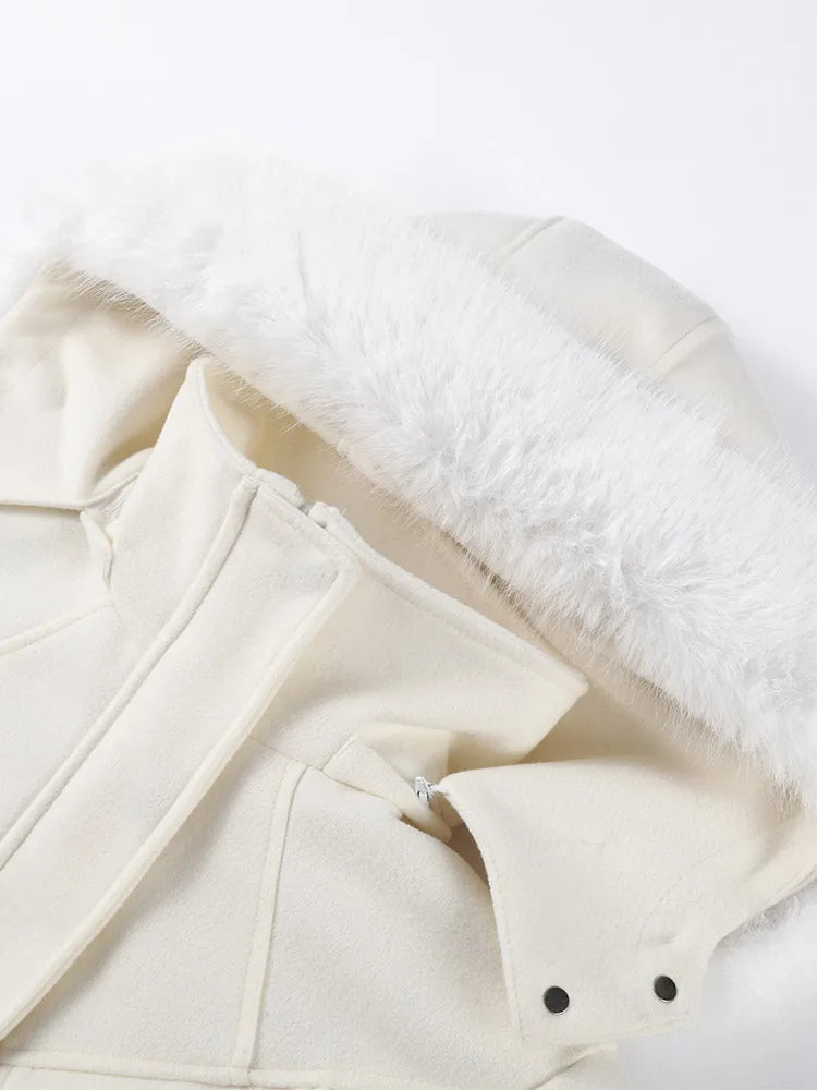 Casual Fur-Trimmed Hooded Ski Suit Women Fashion Belted Slim Full Sleeve Warm Jumpsuits Female 2026 Winter Snow Bodysuit Lady