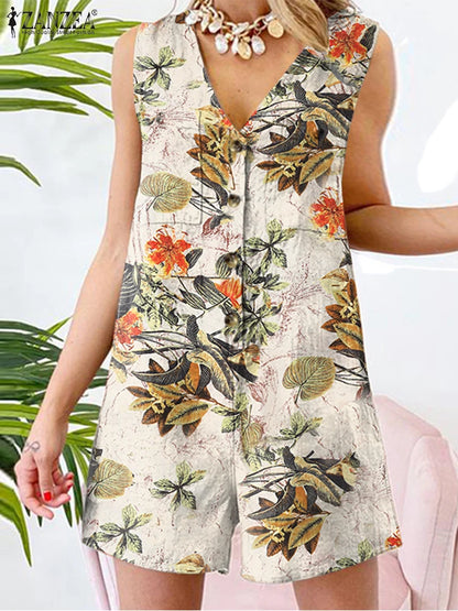 Women Summer Rompers ZANZEA Bohemian Floral Printed Jumpsuits Fashion V Neck Sleeveless Overall Pants Casual Holiday Playsuits