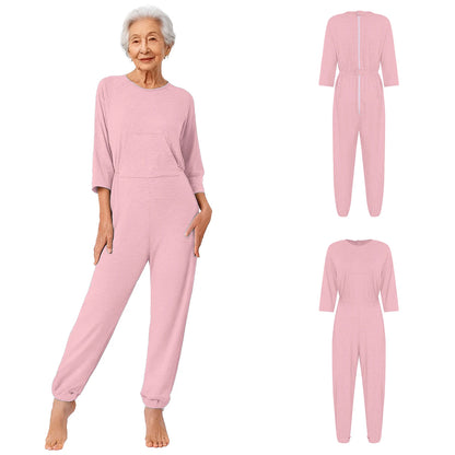 Women's Elderly Anti-Strip Adaptive Jumpsuit Back Legs Zip Long Sleeve Long Pants Nursing Rompers for Special Needs Disabilities