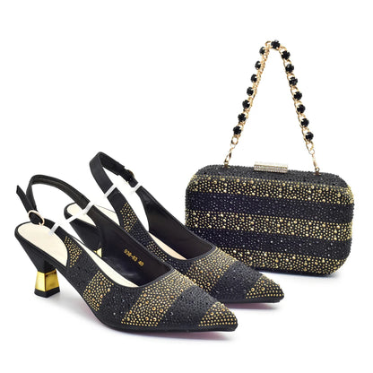 New Fashion Women Nigerian Italian Shoes and Bags Set Decorated with Rhinestone Elegant Woman Heeled Shoes Wedding Leather Shoe