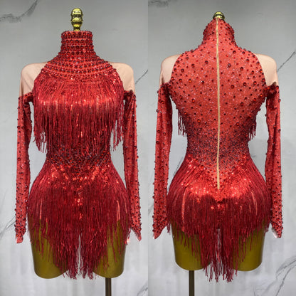 Sparkly Rhinestones Sequins Tassels Bodysuit for Women Sexy Performance Dance Costume Singer Dancer Leotard Show Stage Wear