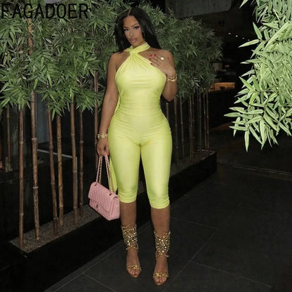FAGADOER Sexy Halter Bandage Backless Jumpsuits Women Hip Ruched Skinny Rompers Overalls Party Slim Party Nightclub Playsuits