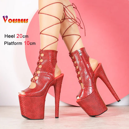 Strappy Women Boots 20CM Thin High Heels Lace-up Hollow Out Sexy T Show Red Shoes 2026 New Women Platform Peep Toe Short Booties
