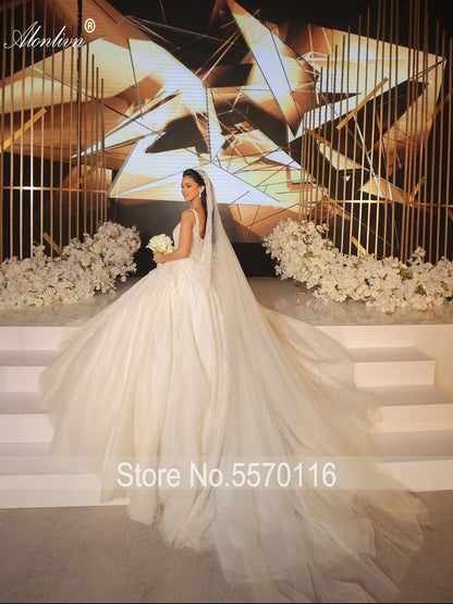 Alonlivn Custom Made Full Of Beading Embroidery Square Collar Wedding Dresses Delicate Lace Ball Gown Bridal Gowns