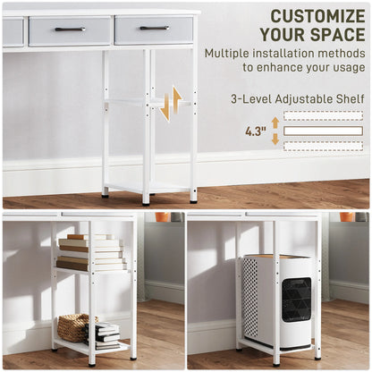 47" Computer Desk with 3 Fabric Drawers, Home Office Desk with Adjustable Shelves, Small Writing Desk with Storage, White